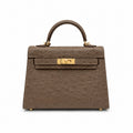 Mini Kelly II 19cm Sellier Etoupe Ostrich Gold Hardware Designer Mini Shoulder Purse