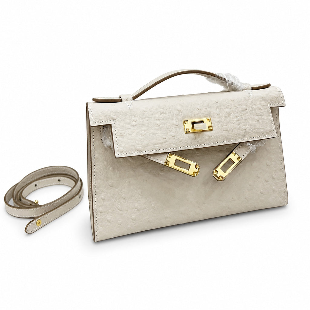 Mini Kelly II Sellier 19cm & 22cm Craie Ostrich Leather Gold Hardware Women Mini Handbag