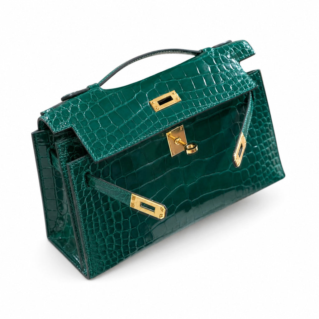Kelly Pochette Vert Emeraude Shiny Niloticus Crocodile Leather Gold Hardware Women Clutch Bag