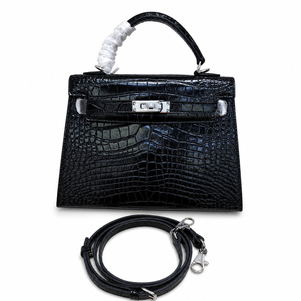 Kelly Sellier 22cm Noir Shiny Crocodile Leather Gold Hardware & Palladium Hardware Women Handbag