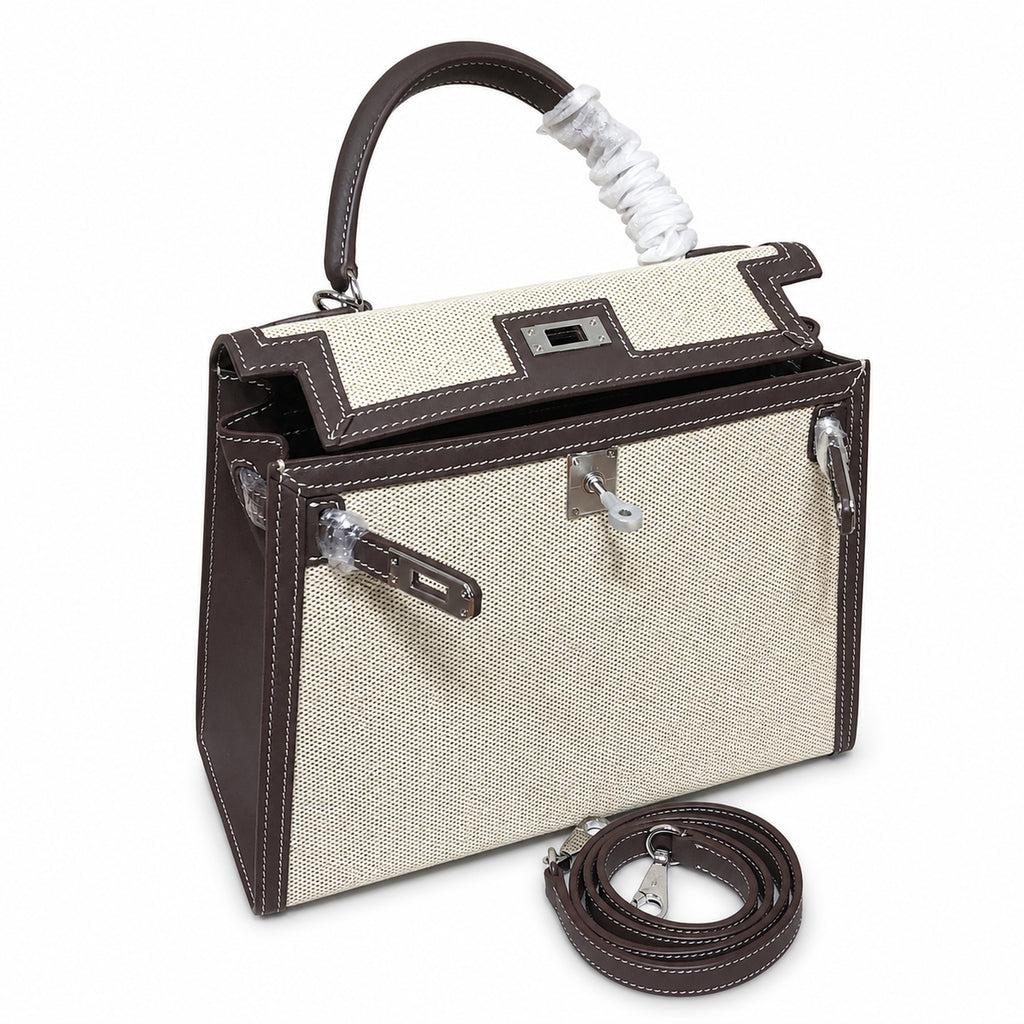 Kelly 25 Bag With Exterior Stitching Crafted Of Patchwork Canvas & Premium Swift Leather, Classic Deep Ebony Wood Shade, Unique Mixed Material Texture With Distinct Vintage Charm Dimensions: Length 25 * Width 10 * Height 18cm
