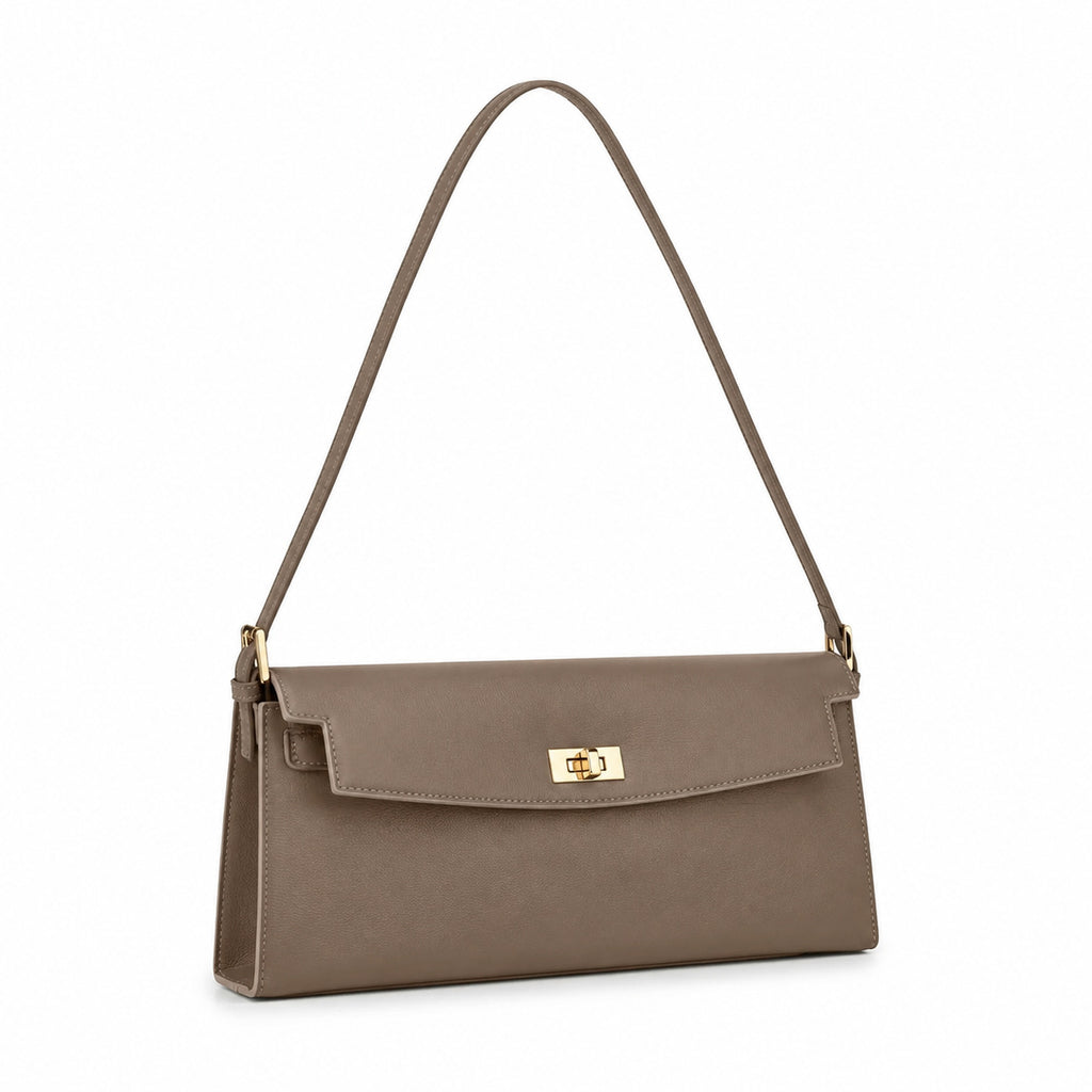 Kelly Elan 25 Genuine Goat Grain Top Layer Cowhide Shoulder Bag, Gold Hardware Neutral Khaki Faux Kelly Baguette Underarm Bag, 25×6.5×15cm Elegant Commute Handbag for Women All Season Match