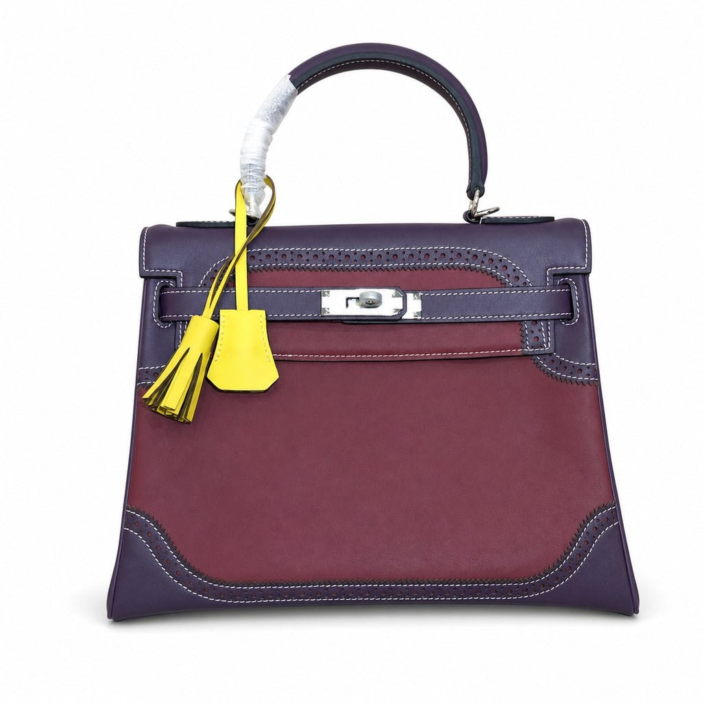 Kelly Sellier Ghillies 28cm Bordeaux & Marron Foncé Barenia Leather Palladium Hardware Women Handbag