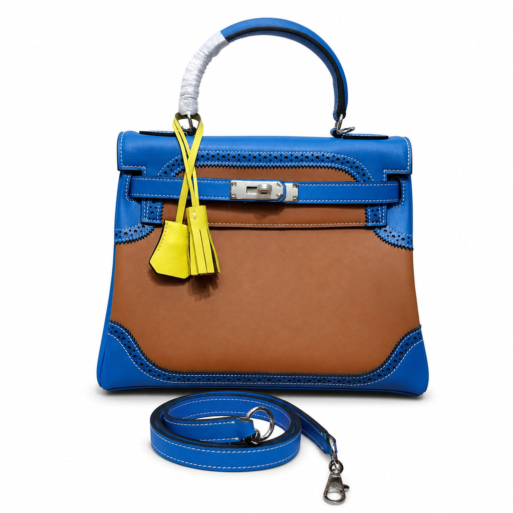 Kelly Sellier Ghillies 28cm Bleu Izmir & Natural Sable Barenia Leather Palladium Hardware Women Handbag