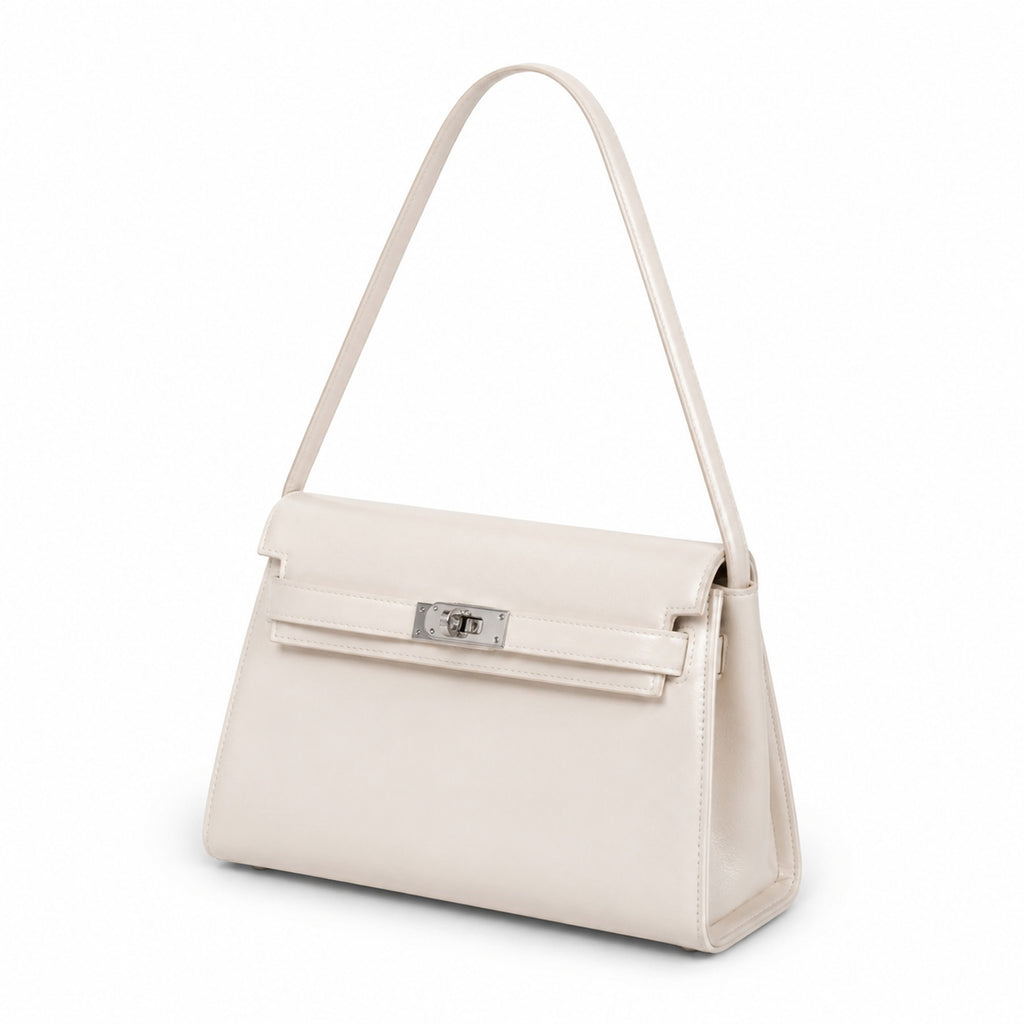 Kelly Elan 25 Underarm Baguette Bag, Genuine Top Layer Cowhide Goat Grain Leather, Silver Hardware Off White Shoulder Handbag, Youthful Elegant Goddess Daily Purse Size 25×6.5×15cm
