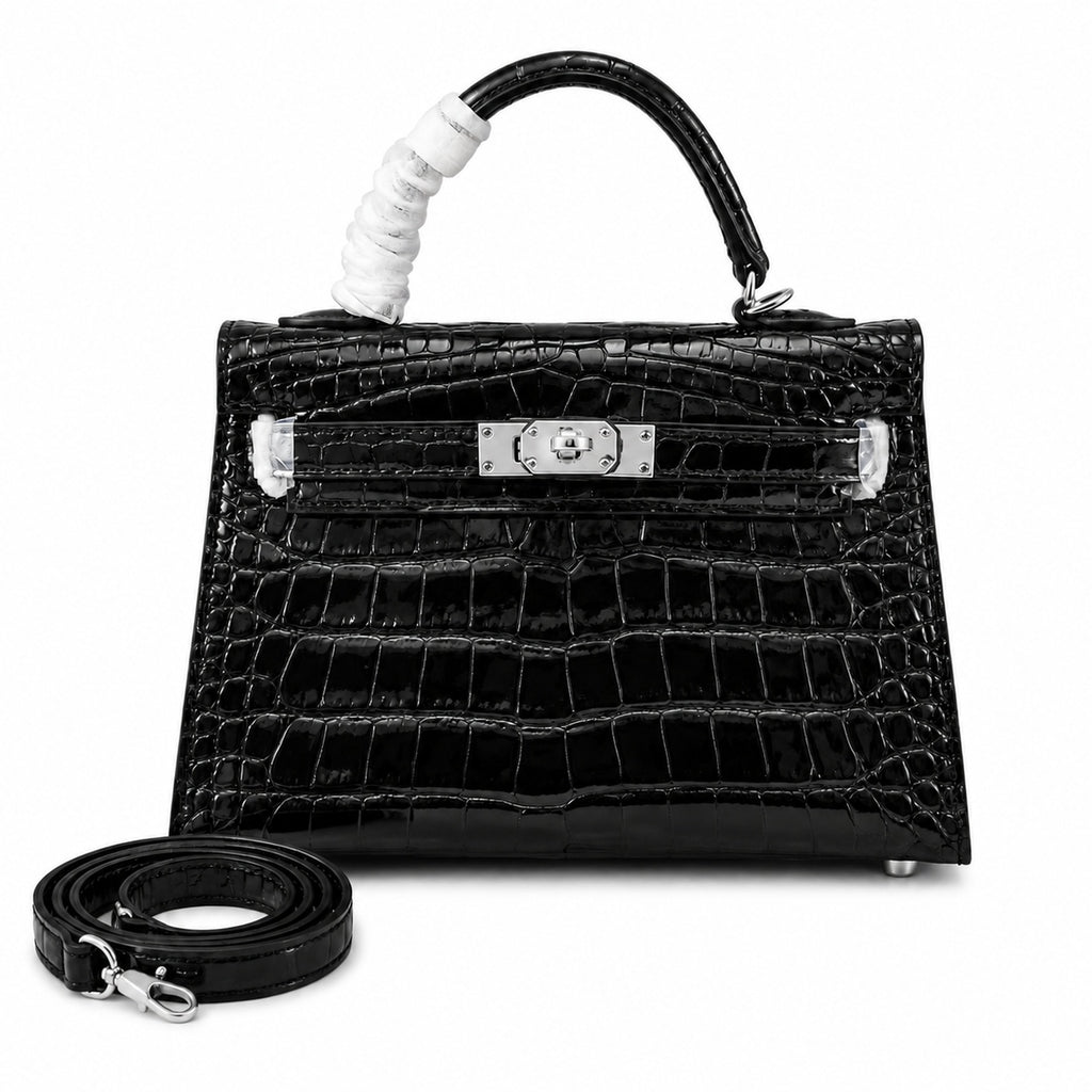 Kelly Sellier 19cm Noir Shiny Crocodile Leather Gold Hardware & Palladium Hardware Women Handbag