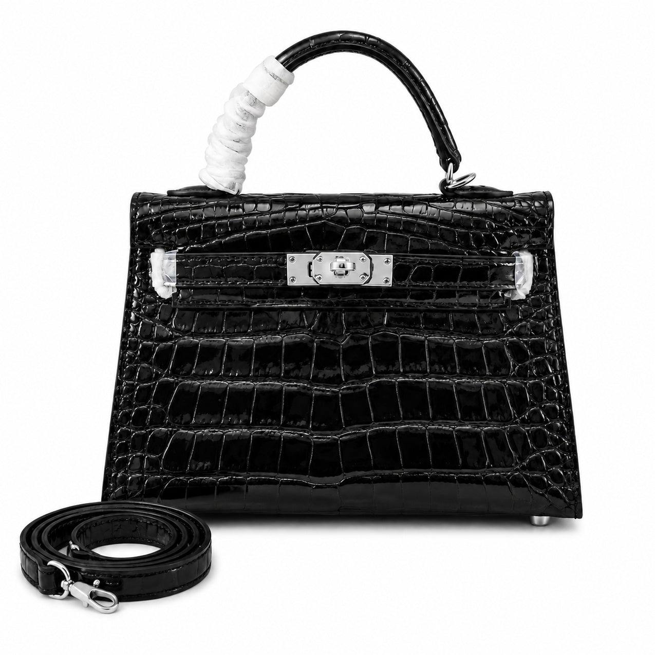 Kelly Sellier 19cm Noir Shiny Crocodile Leather Gold Hardware & Palladium Hardware Women Handbag