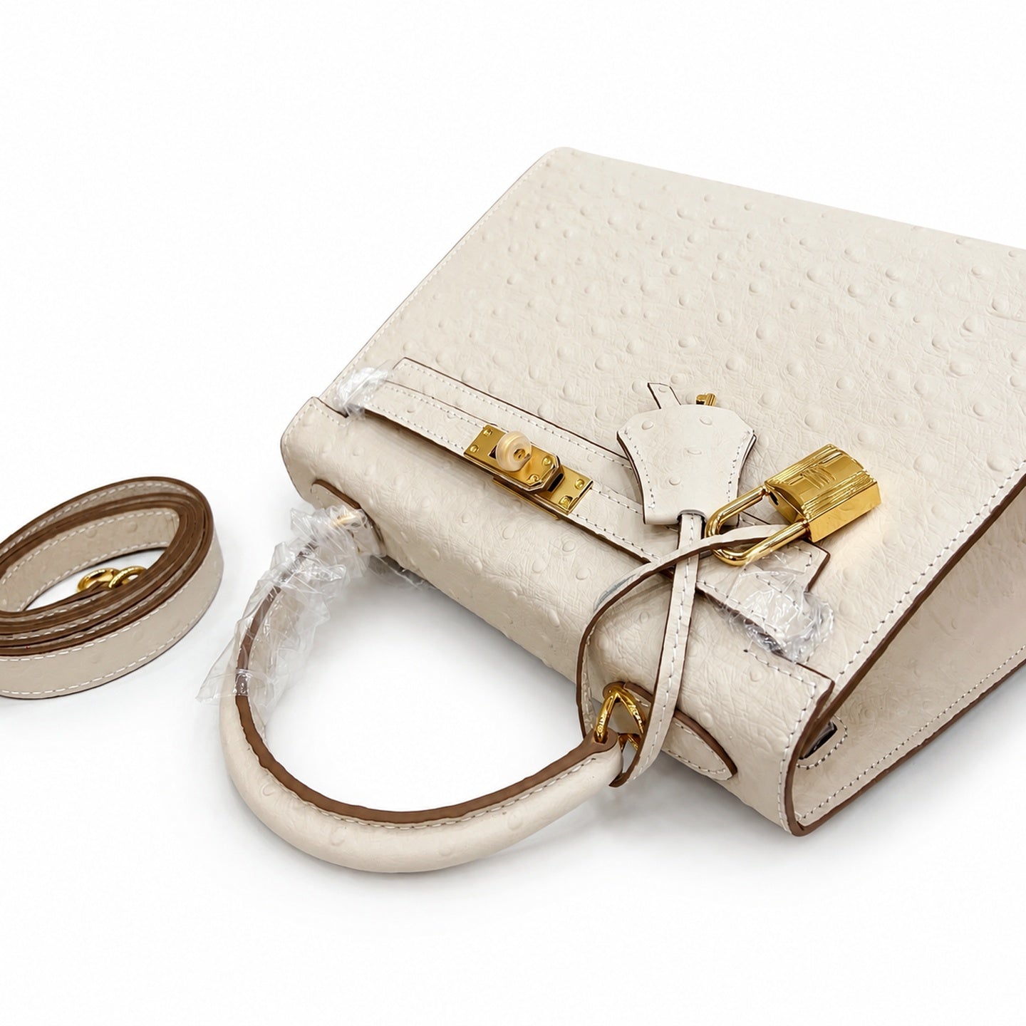 Kelly Sellier 25cm Craie Ostrich Gold Hardware Premium Women Shoulder Purse