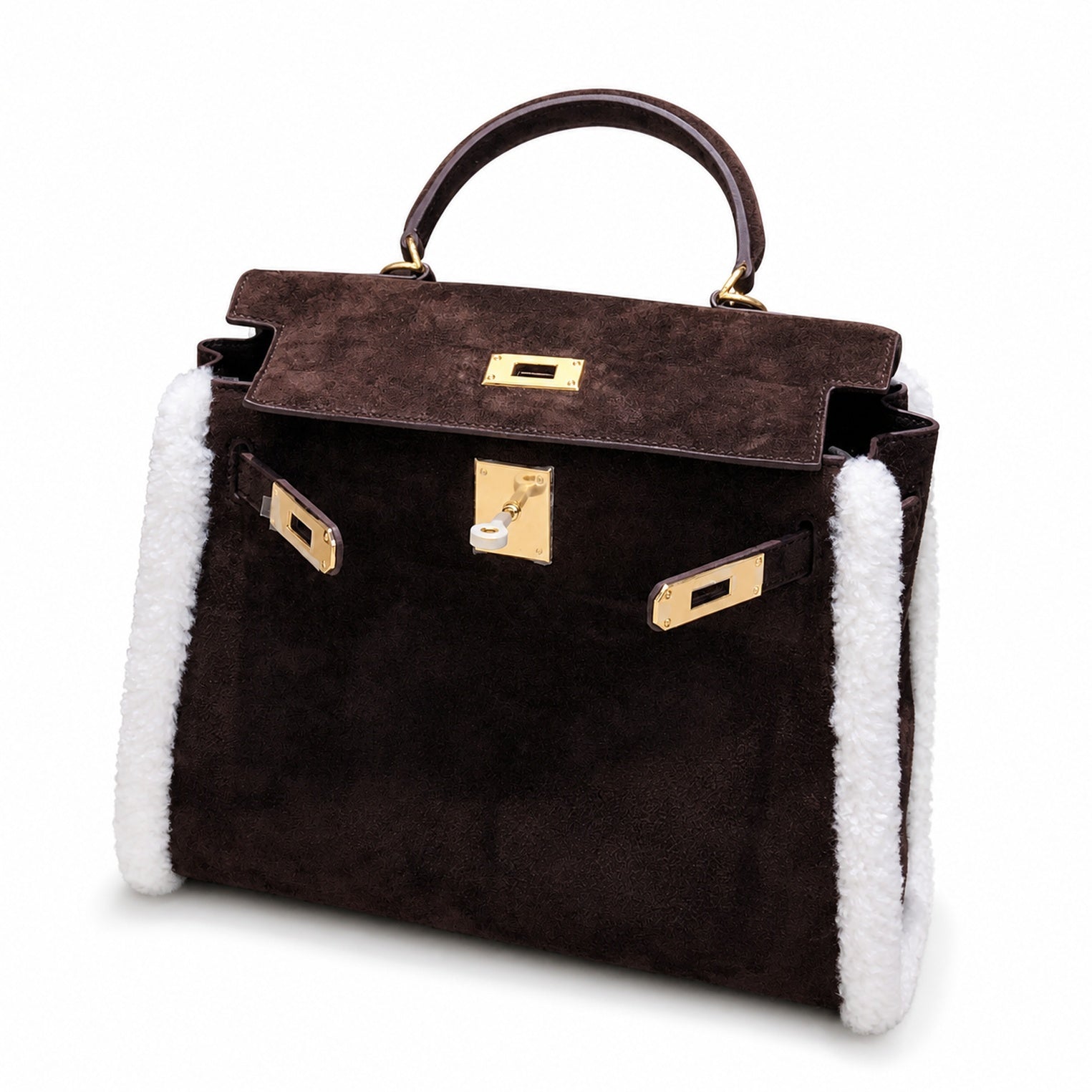 Kelly Sellier 28cm Ebene Suede Leather Gold Hardware Commute Shoulder Handbag