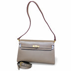 Kelly Elan 25 Genuine Goat Grain Top Layer Cowhide Shoulder Bag, Gold Hardware Neutral Khaki Faux Kelly Baguette Underarm Bag, 25×6.5×15cm Elegant Commute Handbag for Women All Season Match