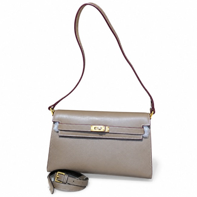 Kelly Elan 25 Genuine Goat Grain Top Layer Cowhide Shoulder Bag, Gold Hardware Neutral Khaki Faux Kelly Baguette Underarm Bag, 25×6.5×15cm Elegant Commute Handbag for Women All Season Match