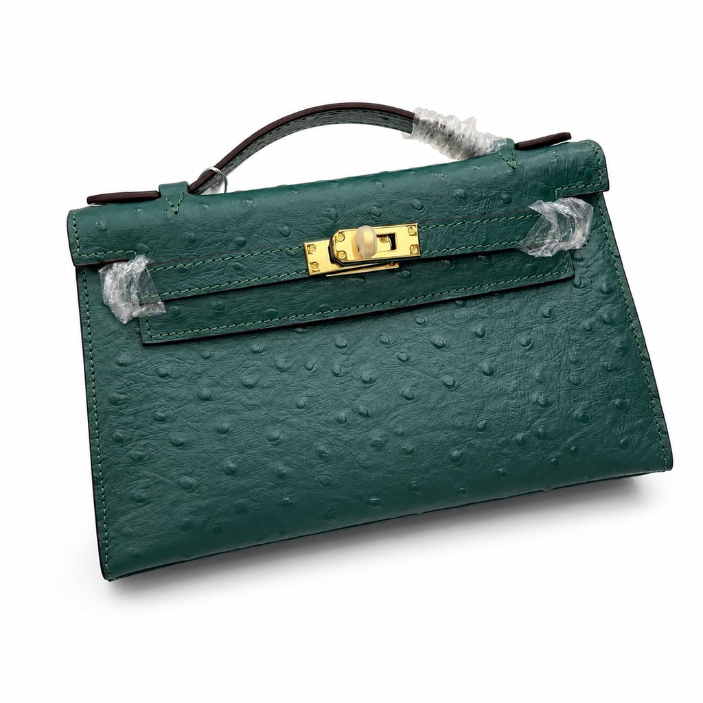 Mini Kelly II Sellier 19cm & 22cm Vert Fonce Ostrich Leather Gold Hardware Women Mini Handbag