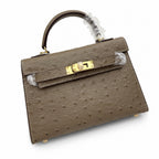 Mini Kelly II 19cm Sellier Etoupe Ostrich Gold Hardware Designer Mini Shoulder Purse
