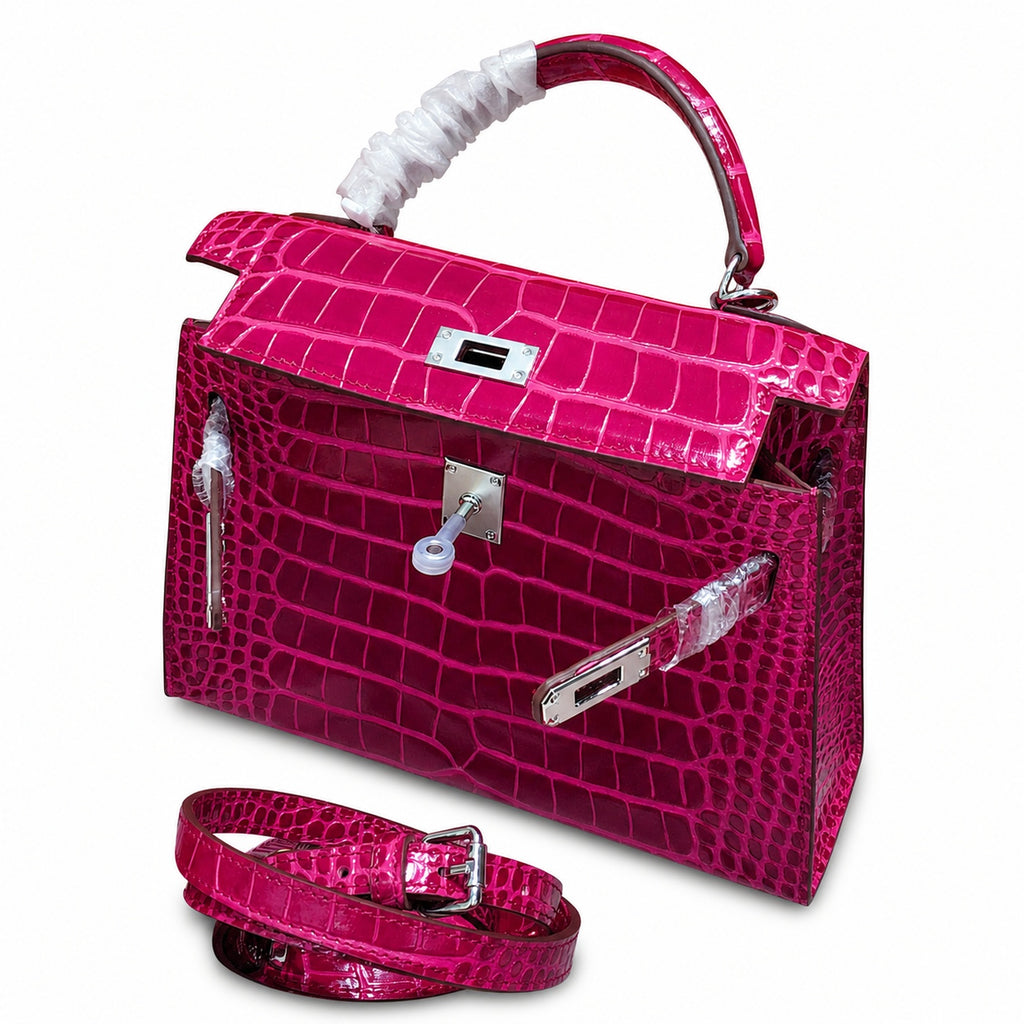 Kelly Sellier 22cm  Fuchsia Shiny Crocodile Leather Gold Hardware & Palladium Hardware Women Handbag
