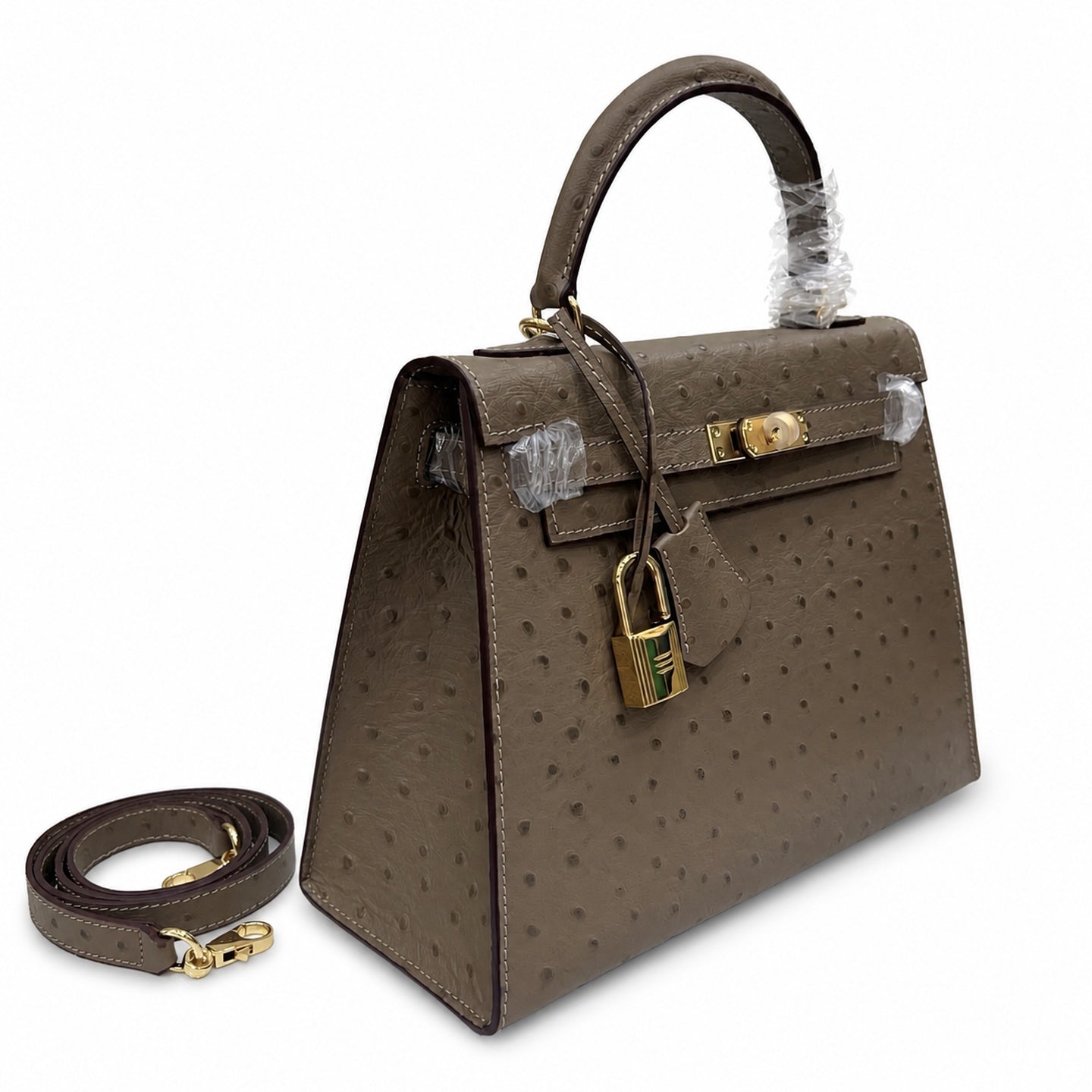 Hermès Kelly Sellier 25 Ostrich Etoupe Gold Hardware