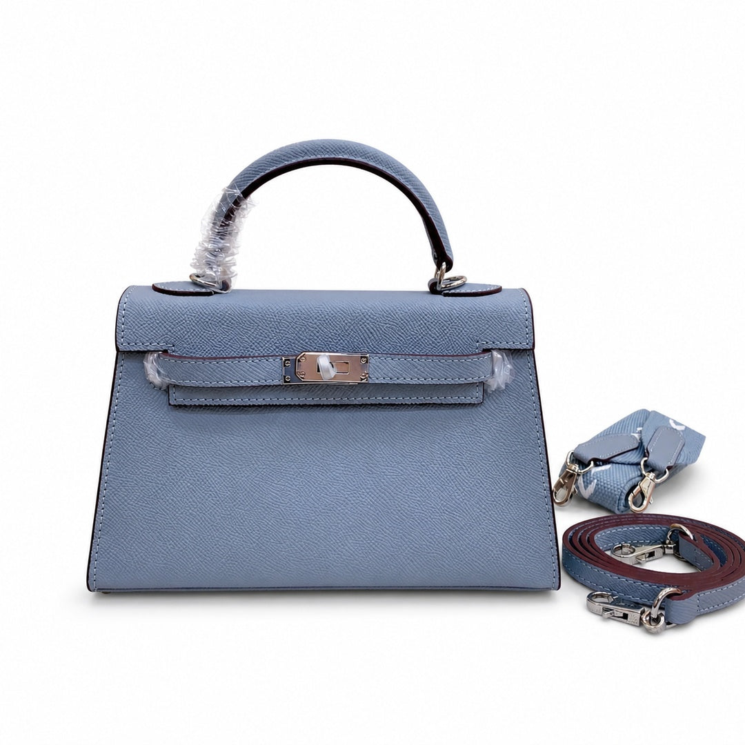 Mini Kelly II Sellier 19cm & 22cm Bleu Lin Epsom Leather Palladium Hardware Women Mini Handbag