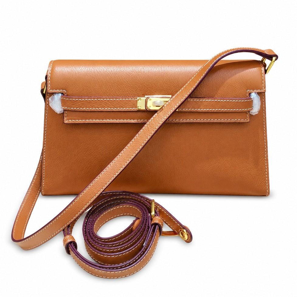 Kelly Elan 25 Top-Grain Leather Goat-Pattern Underarm Baguette Bag – Gold Buckle, Coffee Brown, 25×6.5×15cm