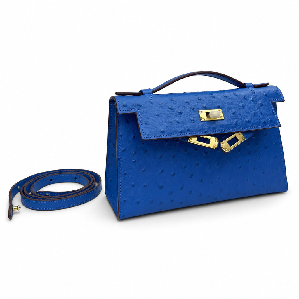 Mini Kelly Sellier 22cm Bleu Electrique Ostrich Leather Gold Hardware Women Mini Handbag