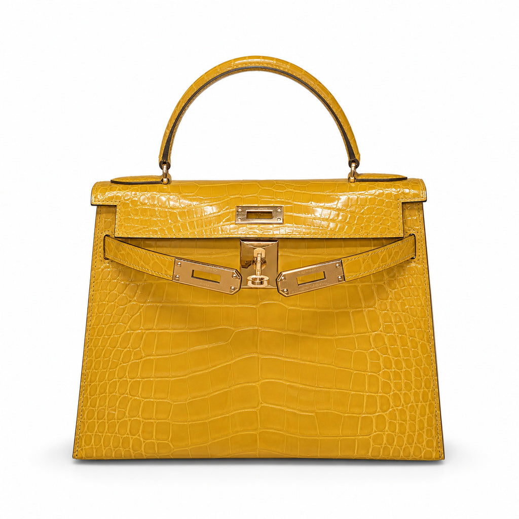 Kelly Sellier 19cm Jaune Ambre Shiny Crocodile Leather Gold Hardware & Palladium Hardware Women Handbag