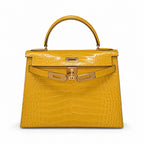 Kelly Sellier 19cm Jaune Ambre Shiny Crocodile Leather Gold Hardware & Palladium Hardware Women Handbag