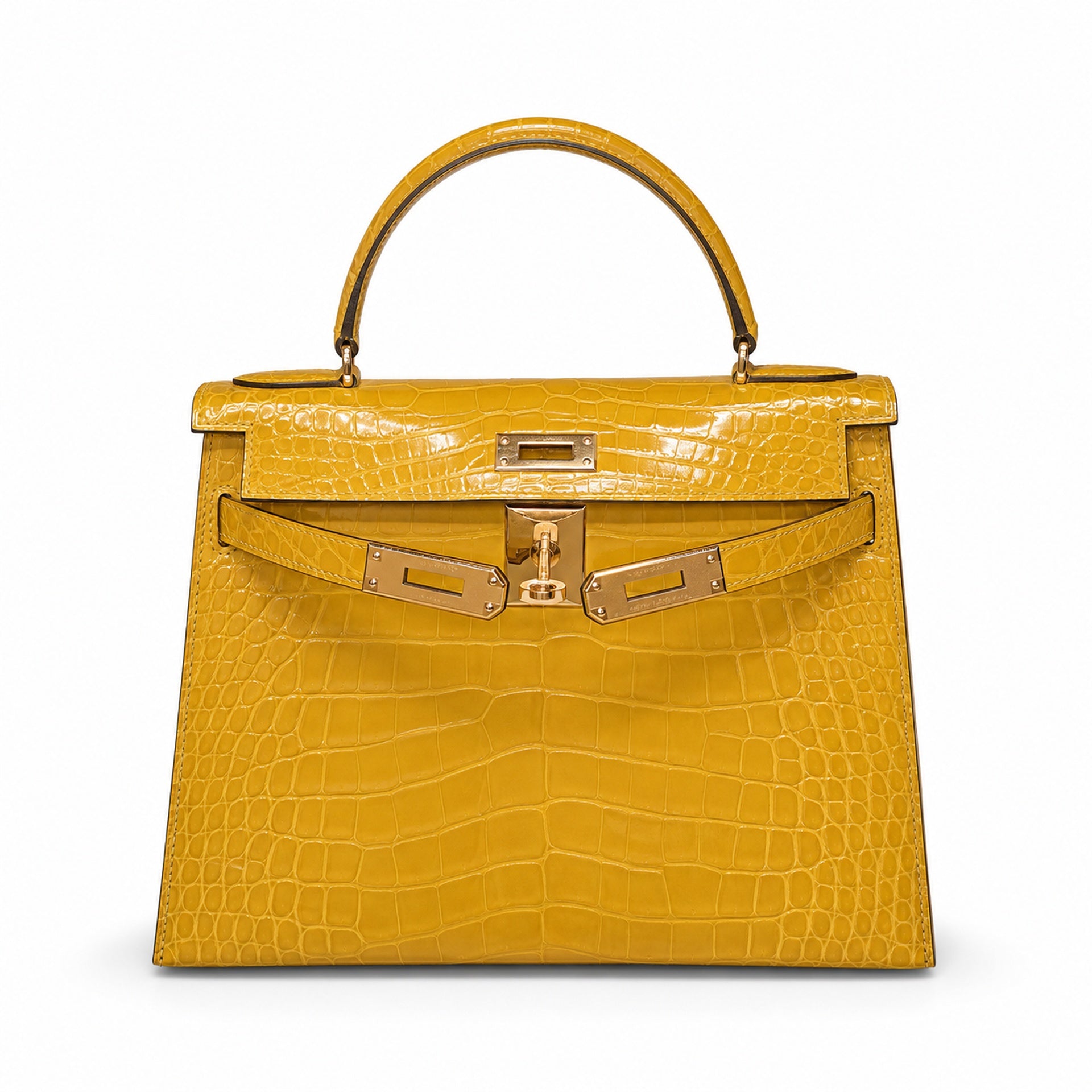 Kelly Sellier 19cm Jaune Ambre Shiny Crocodile Leather Gold Hardware & Palladium Hardware Women Handbag