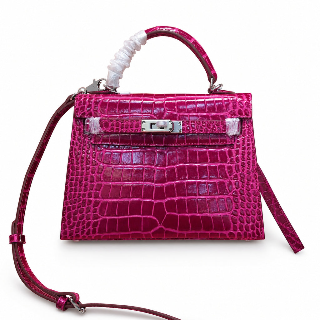 Kelly Sellier 22cm  Fuchsia Shiny Crocodile Leather Gold Hardware & Palladium Hardware Women Handbag