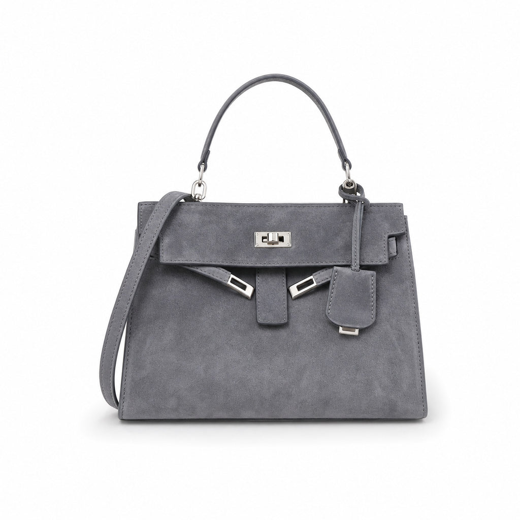 Kelly Sellier 22cm Gris Asphalte Suede Leather Palladium Hardware Women Handbag