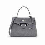 Kelly Sellier 22cm Gris Asphalte Suede Leather Palladium Hardware Women Handbag