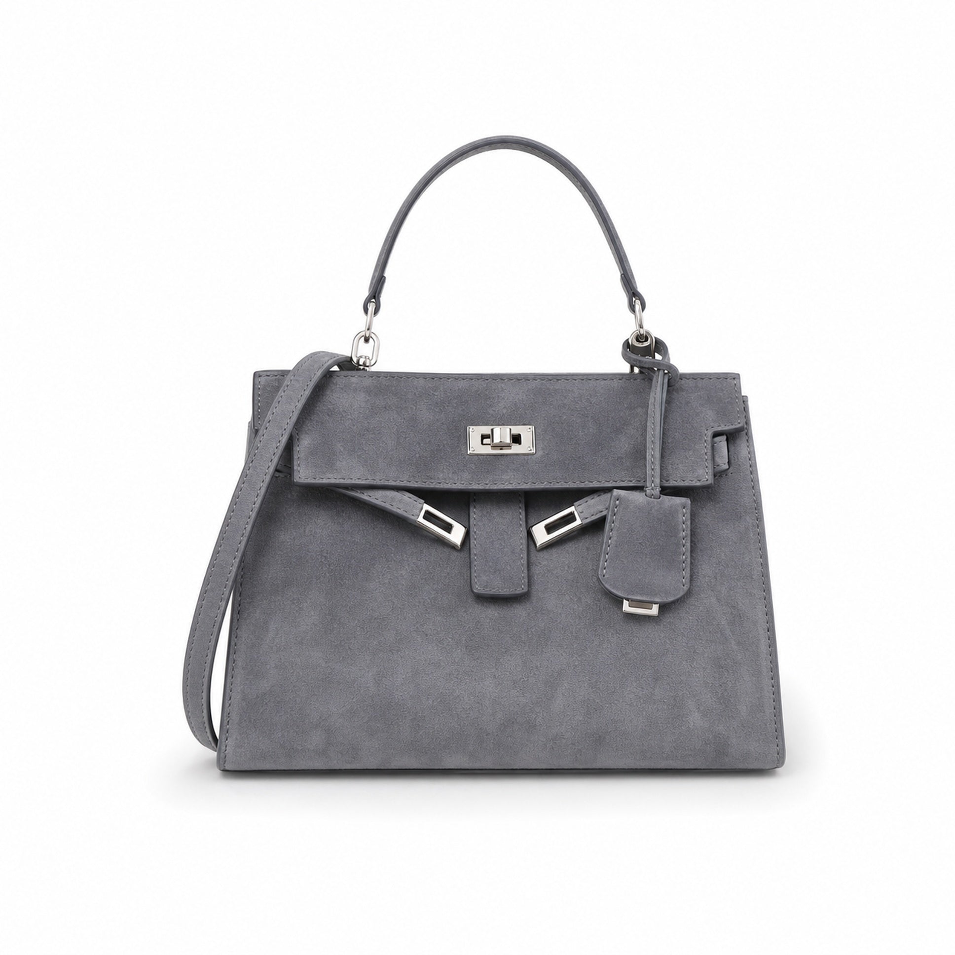 Kelly Sellier 22cm Gris Asphalte Suede Leather Palladium Hardware Women Handbag