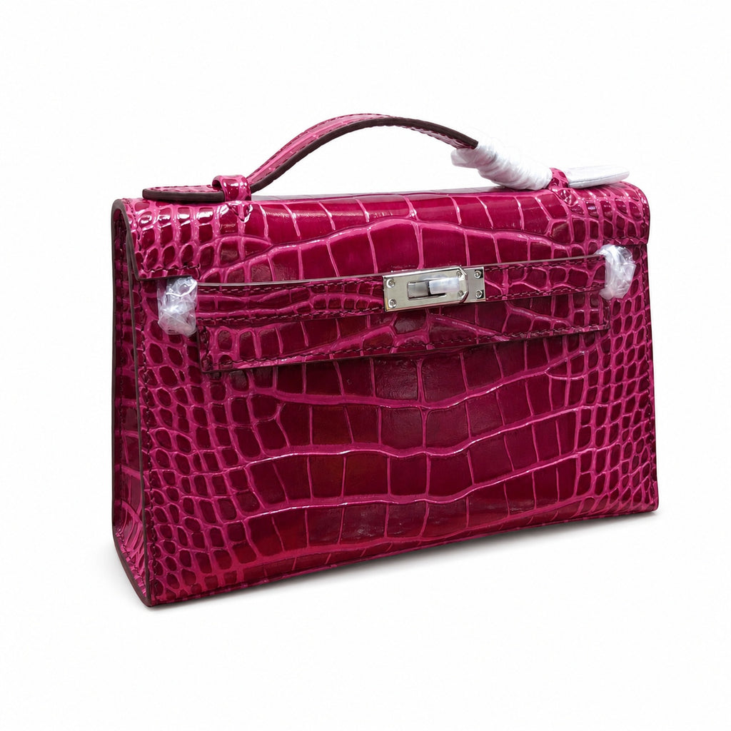 Kelly Pochette Fuchsia Shiny Niloticus Crocodile Leather Palladium Hardware Women Clutch Bag