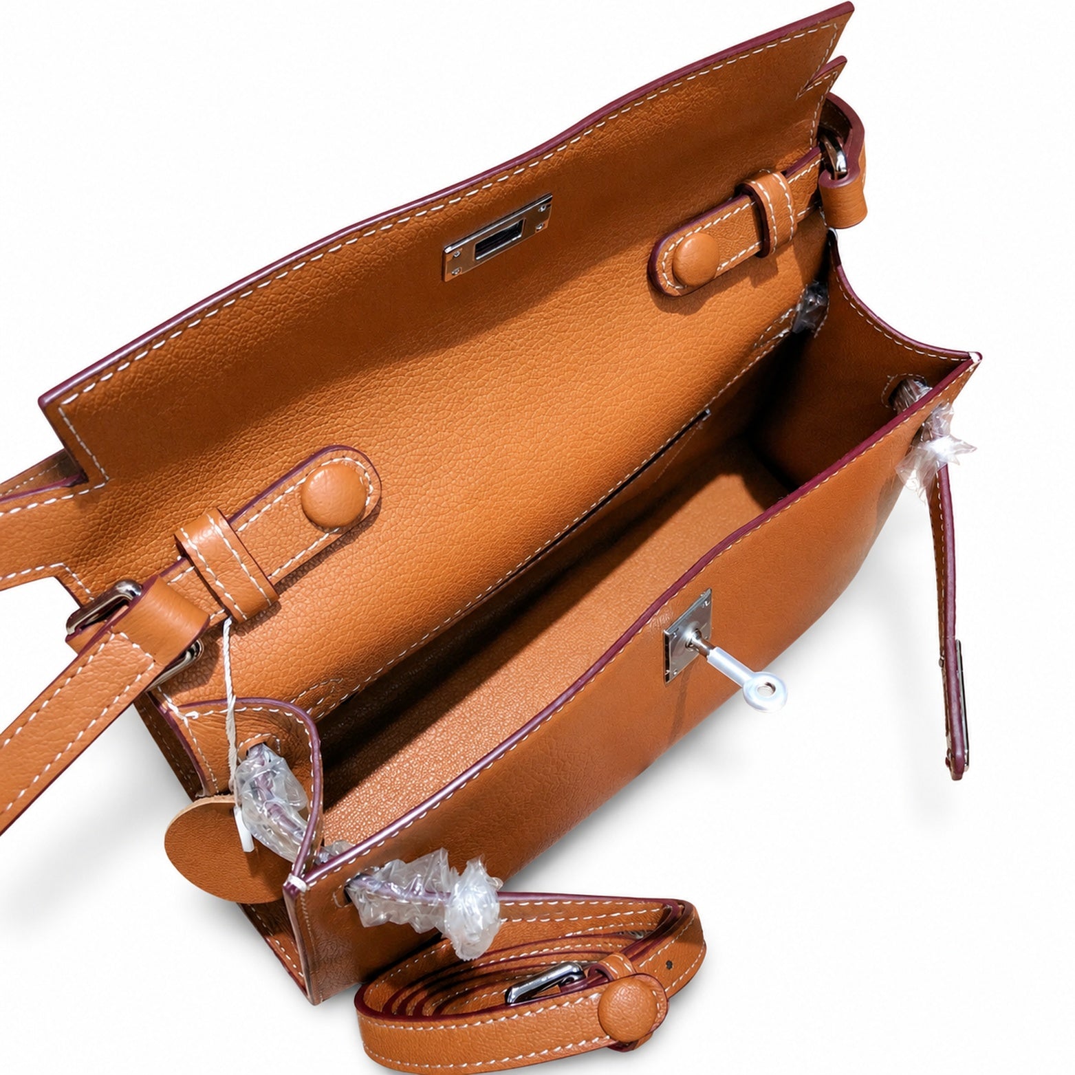 Kelly Elan 25 Underarm Baguette Bag, Genuine Top Layer Cowhide Goat Grain Leather, Silver Hardware Caramel Brown Shoulder Purse, Vintage Classic Fall Winter Must-Have Handbag Size 25×6.5×15cm