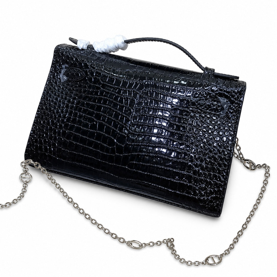 Kelly Pochette Noir Shiny Niloticus Crocodile Leather Palladium Hardware & Palladium Hardware Women Clutch Bag