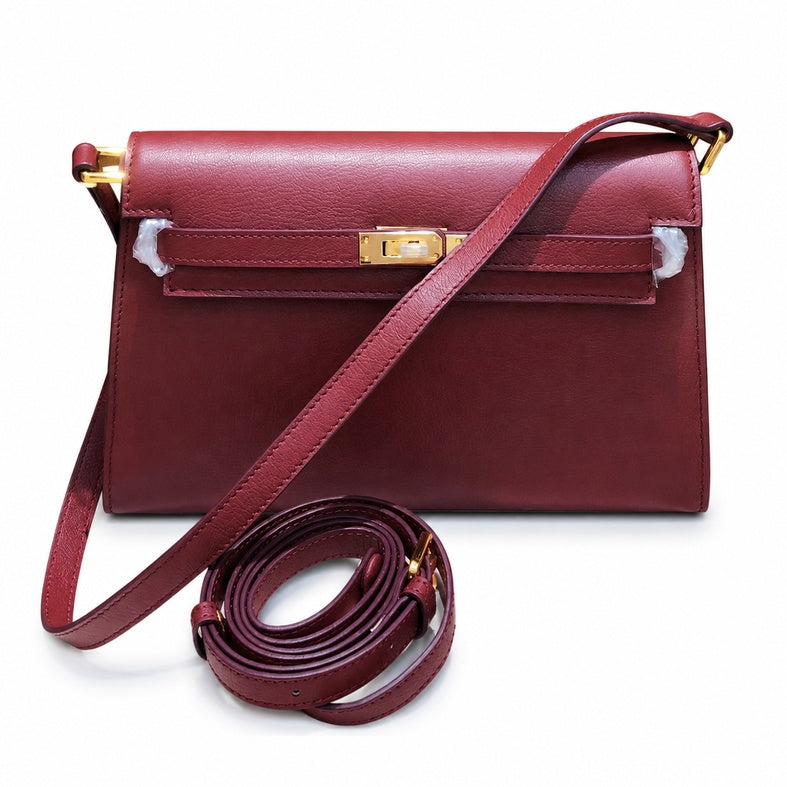 Kelly Elan 25 Underarm Baguette Bag, Genuine Top Layer Cowhide Goat Grain Leather, Gold Hardware Vintage Wine Red Shoulder Handbag, Elegant Luxury Quiet Glam Daily Purse Size 25×6.5×15cm