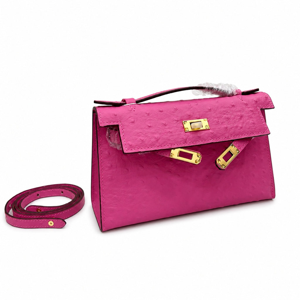 Mini Kelly Sellier 22cm Rose Tyrien Ostrich Leather Gold Hardware Women Mini Handbag
