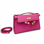 Mini Kelly Sellier 22cm Rose Tyrien Ostrich Leather Gold Hardware Women Mini Handbag