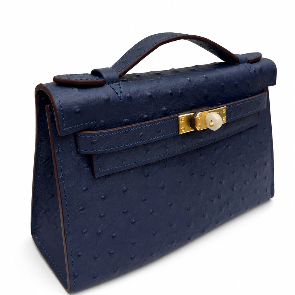Mini Kelly Sellier 22cm Bleu Nuit Ostrich Leather Gold Hardware Women Mini Handbag