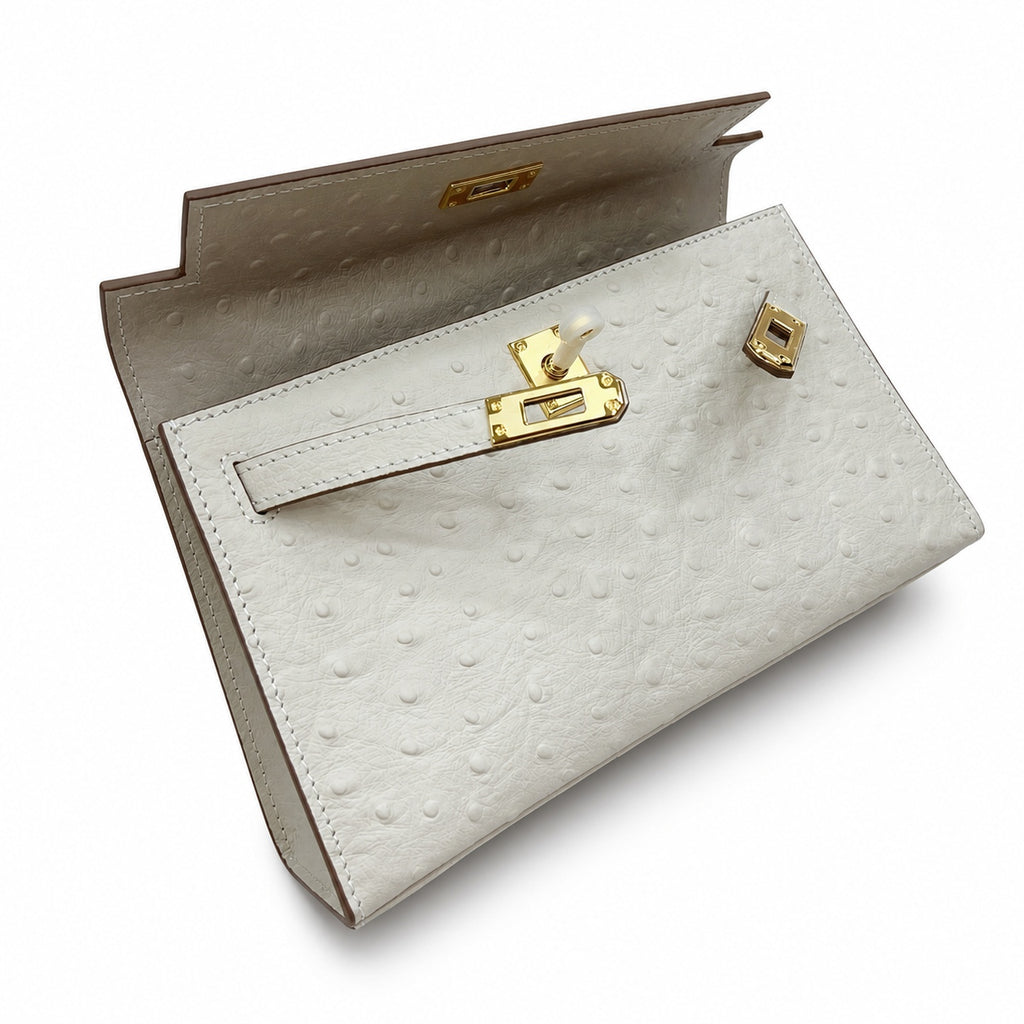 Mini Kelly II Sellier 19cm & 22cm Craie Ostrich Leather Gold Hardware Women Mini Handbag