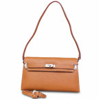Kelly Elan 25 Underarm Baguette Bag, Genuine Top Layer Cowhide Goat Grain Leather, Silver Hardware Caramel Brown Shoulder Purse, Vintage Classic Fall Winter Must-Have Handbag Size 25×6.5×15cm