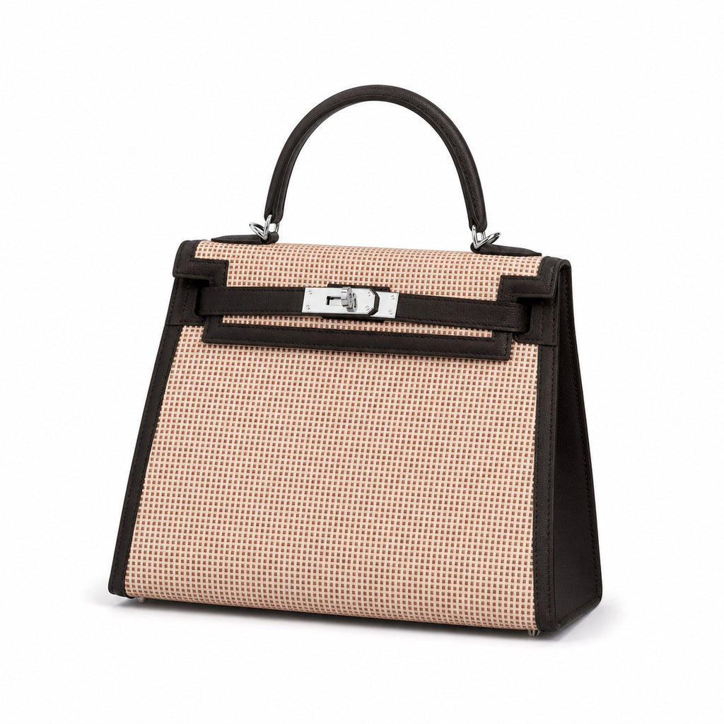 Kelly 25 Bag With Outside Stitching Constructed Of Patchwork Canvas & Premium Soft Swift Leather, Rich Warm Brown Tone Delivers Full-Bodied Vintage Luxury Texture Dimensions: Length 25 * Width 10 * Height 18cm