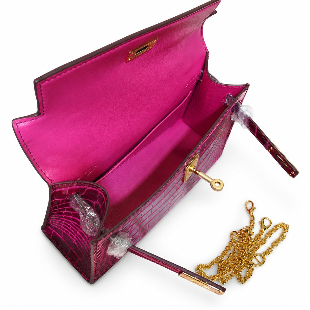 Kelly Pochette Fuchsia Shiny Niloticus Crocodile Leather Gold Hardware Women Clutch Bag