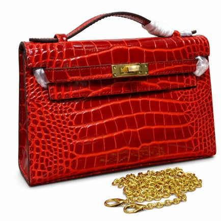 Kelly Pochette Rouge Casa Shiny Niloticus Crocodile Leather Gold Hardware Women Clutch Bag