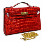 Kelly Pochette Rouge Casa Shiny Niloticus Crocodile Leather Gold Hardware Women Clutch Bag
