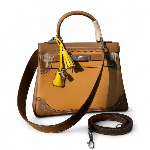 Kelly Sellier Ghillies 28cm Beige Poussière & Marron Foncé Barenia Leather Palladium Hardware Women Handbag