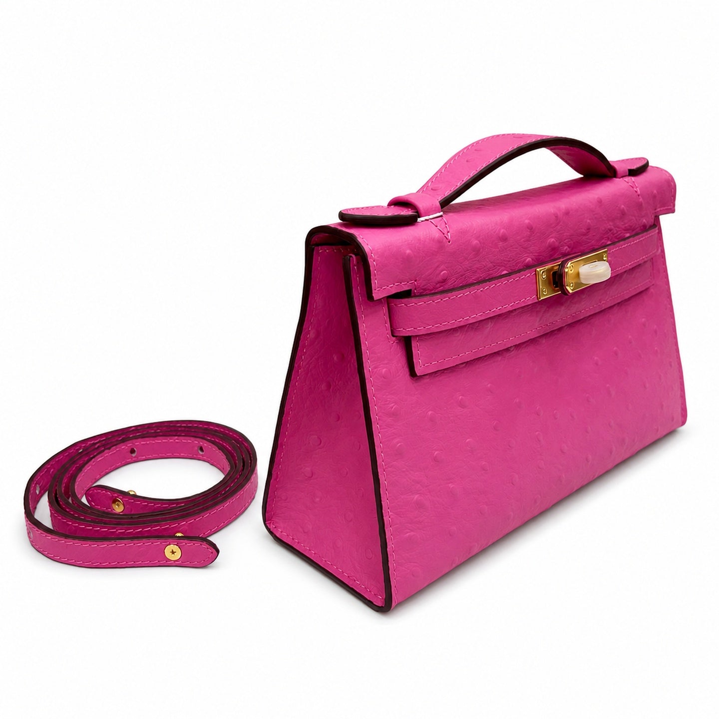 Mini Kelly Sellier 22cm Rose Tyrien Ostrich Leather Gold Hardware Women Mini Handbag