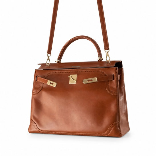 Kelly Sellier Ghillies 28cm Natural Sable Barenia Leather Gold Hardware Women Handbag
