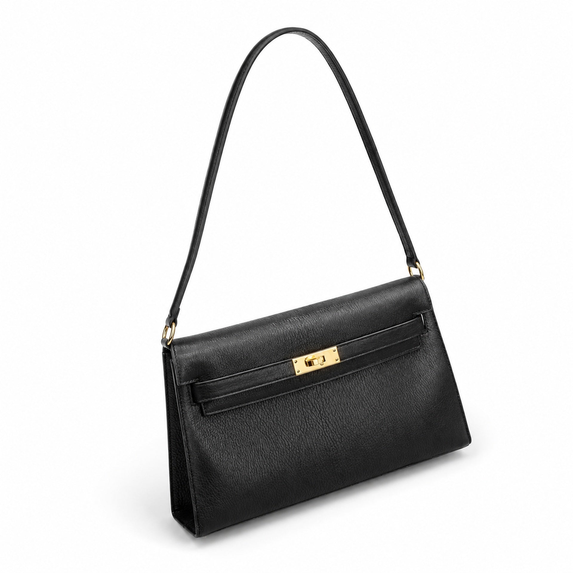 Kelly Elan 25 Underarm Baguette Bag, Genuine Top Layer Cowhide with Glossy Goat Grain, Gold Hardware Black Shoulder Handbag, Spacious Capacity Casual Versatile Daily Purse Size 25×6.5×15cm