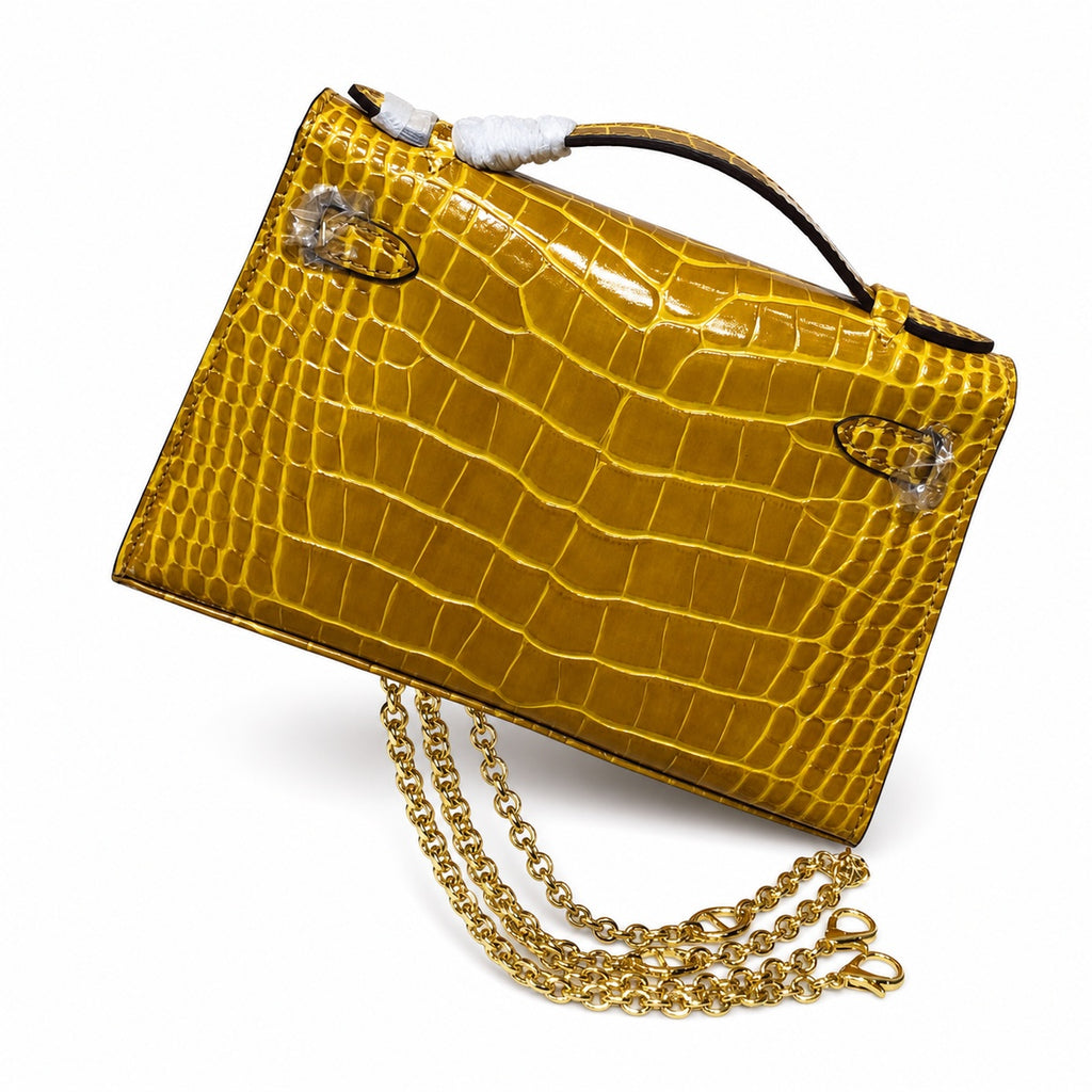 Kelly Pochette Jaune Ambre Shiny Niloticus Crocodile Leather Palladium Hardware Women Clutch Bag