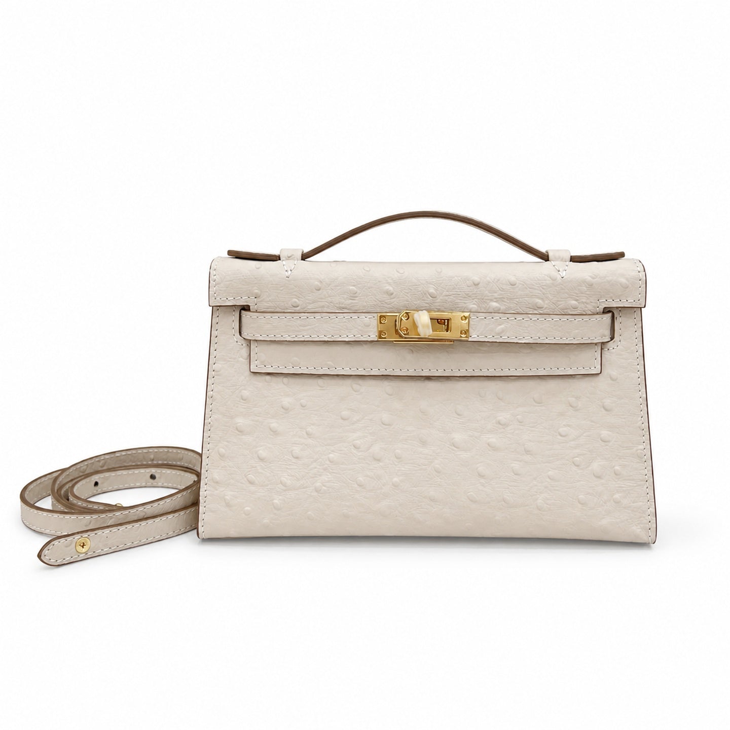 Mini Kelly II Sellier 19cm & 22cm Craie Ostrich Leather Gold Hardware Women Mini Handbag