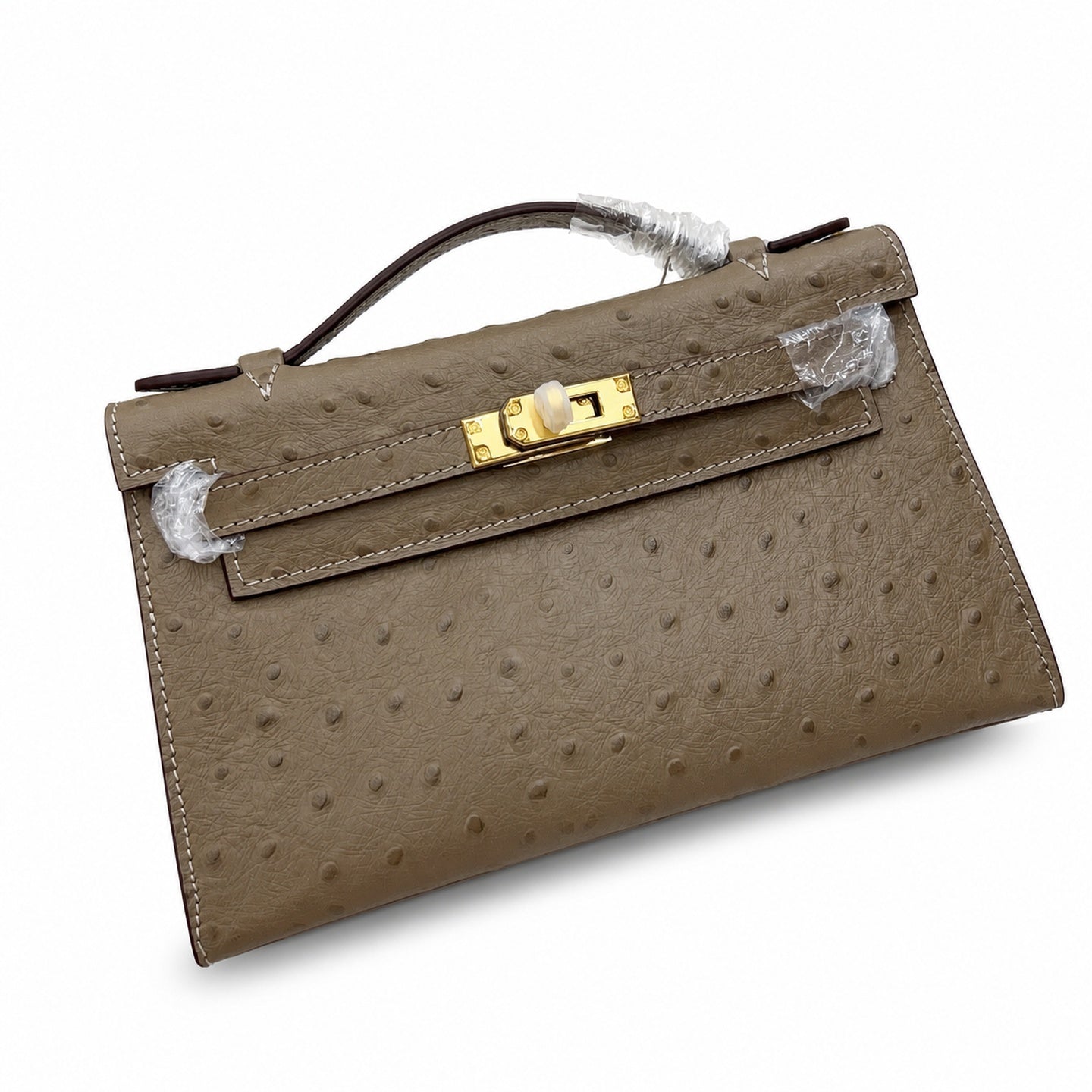 Mini Kelly II Sellier 19cm & 22cm Etoupe Ostrich Leather Gold Hardware Women Mini Handbag