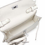 Kelly Elan 25 Underarm Baguette Bag, Genuine Top Layer Cowhide Goat Grain Leather, Silver Hardware Off White Shoulder Handbag, Youthful Elegant Goddess Daily Purse Size 25×6.5×15cm